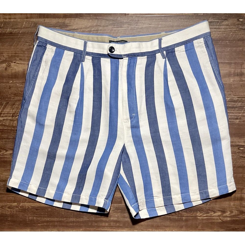 Banana Republic Shorts Men's 38 Blue Striped 7" Cotton Linen Blend Preppy Beach